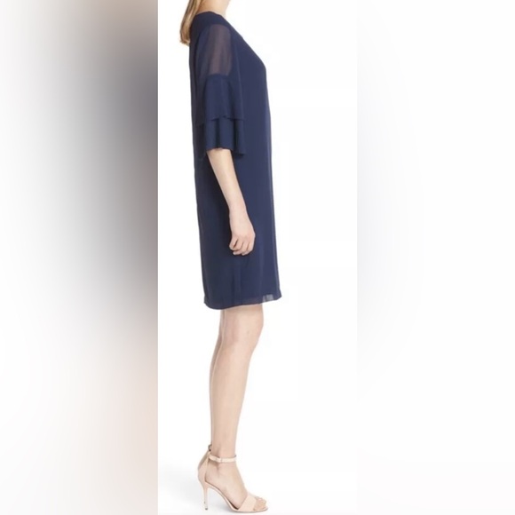 Sam Edleman V-Neck Navy Chiffon Shift Dress w 1/2 Tiered Pleated Sleeves - Picture 5 of 10
